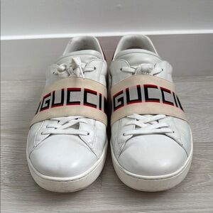 Gucci Cream and White Logo Strap Sneakers